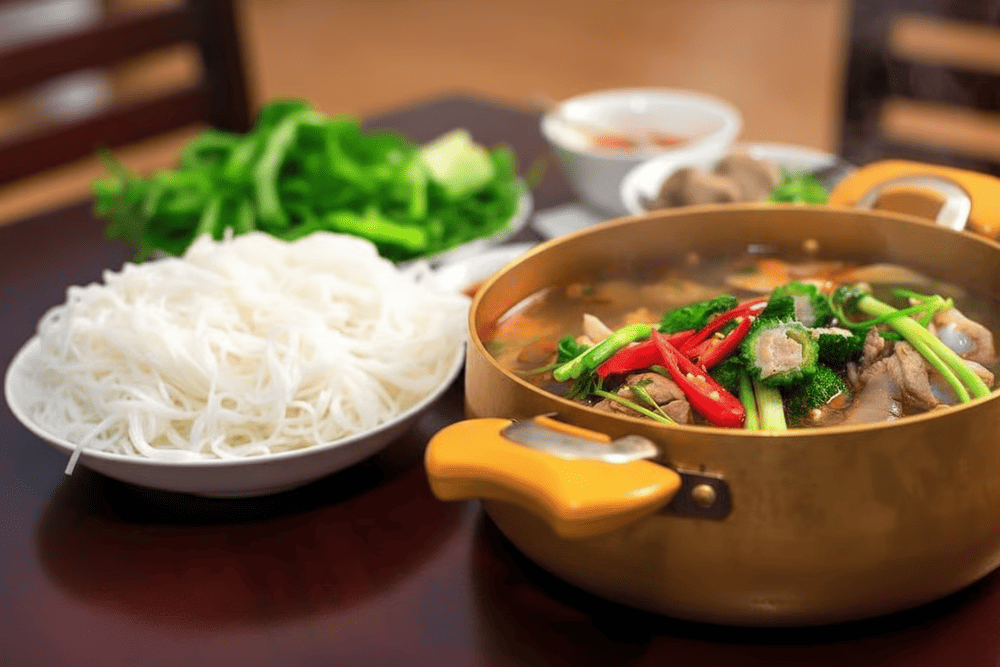 Lẩu l&aacute; khổ qua rừng c&oacute; vị đắng thanh đặc trưng, kết hợp c&ugrave;ng nước d&ugrave;ng ngọt nhẹ từ thịt